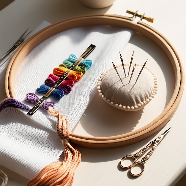 narzędzia do haftu na drewnianym stole